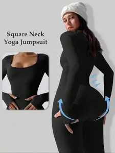 Women's Long Sleeve Sporty Comfy Jumpsuit, Waist Cinching Square Neck, Above Ankle Pants, Essential Fitness Gear, Comfortable Fashion Workout Clothes