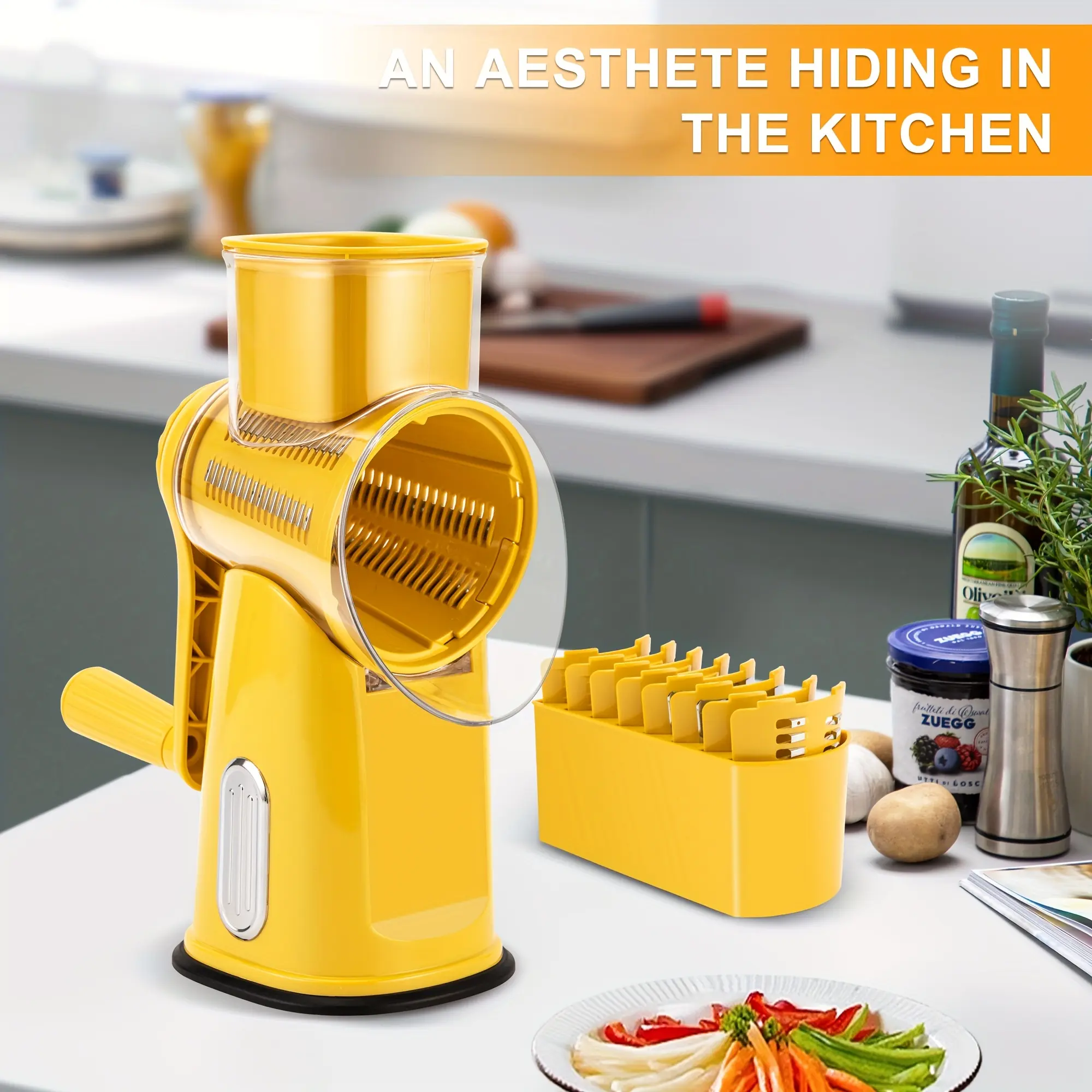 2025 HOT SUSTEAS Rotary Cheese Grater - 5-Blade Vegetable Shredder, Round Mandoline Slicer & Food Chopper with Strong Suction Base and Blade Storage Box