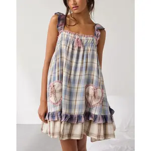 Women's Pink Plaid Sleeveless Tank Dress with Ruffled Straps and Heart Pockets Casual Summer Beach Dress