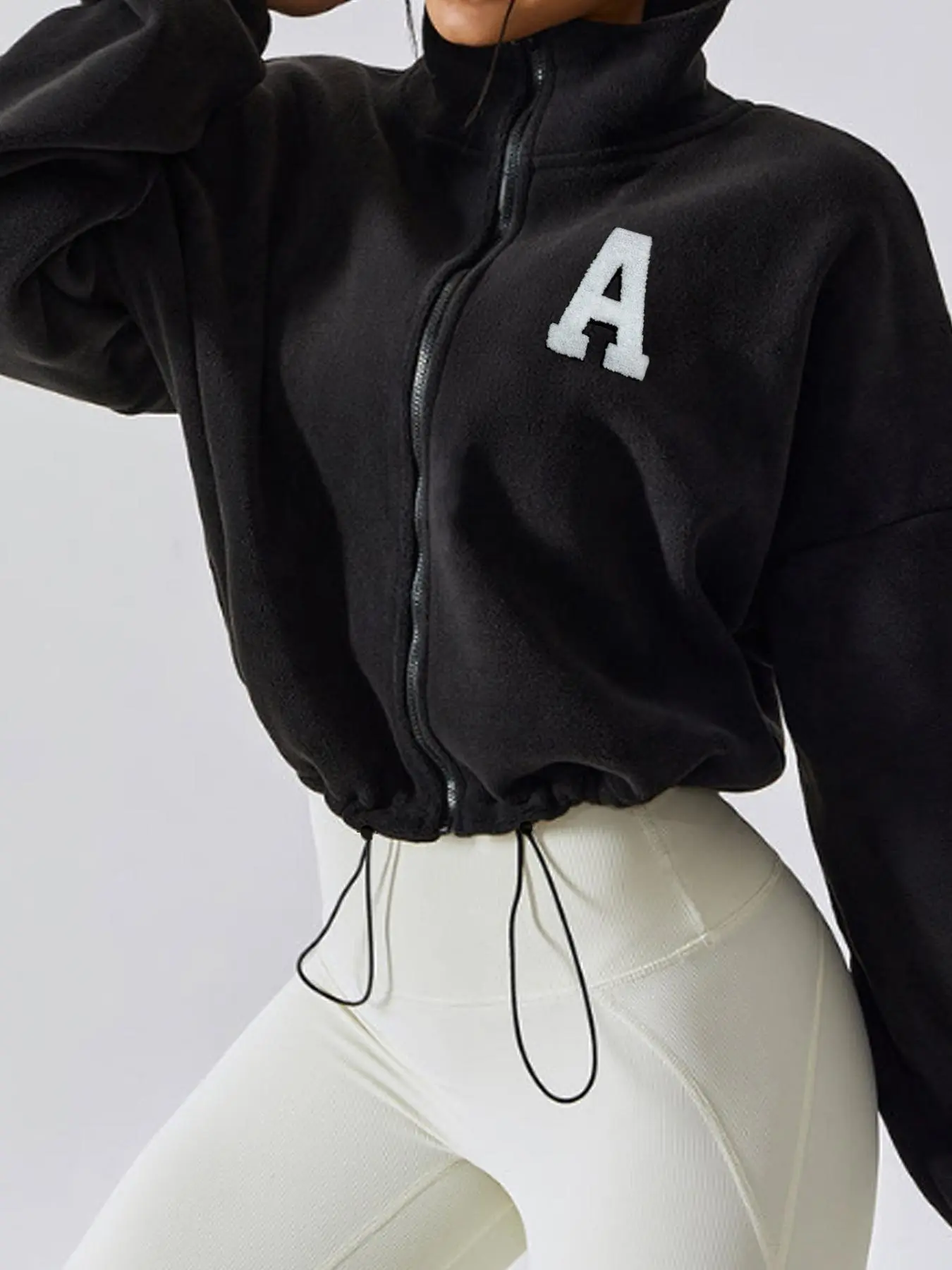 Women's Letter Print Solid Zip Up Crop Jacket, Zipper Jacket, Casual Long Sleeve High Neck Outerwear for Fall & Winter, Ladies Clothes for Daily Wear, Coats, Casual Jackets, Casual Fashionable Outerwear, Womenswear