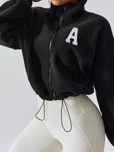 Women's Letter Print Zip Up Crop Jacket, Casual Long Sleeve High Neck Outerwear for Fall & Winter, Ladies Clothes for Daily Wear, Coats, Womenswear