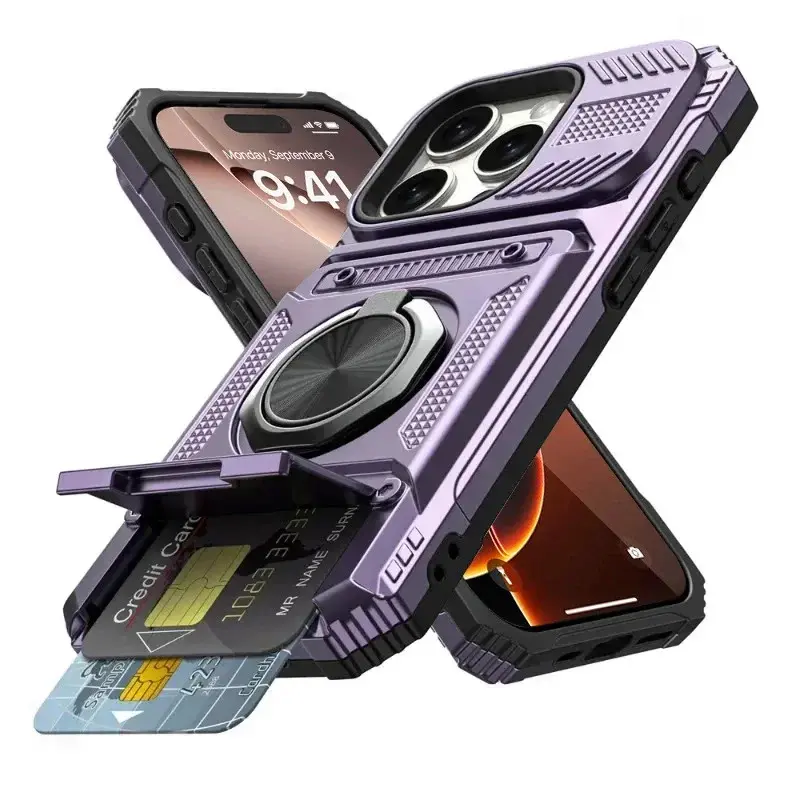 Luxury Heavy-Duty Rotatable Magnetic Ring Holder Shockproof Plastic Casing, Anti-Drop Wallet Protective Cover for iPhone 17,16,15,14 Plus,13 Pro Max - Mobile Phone Accessories