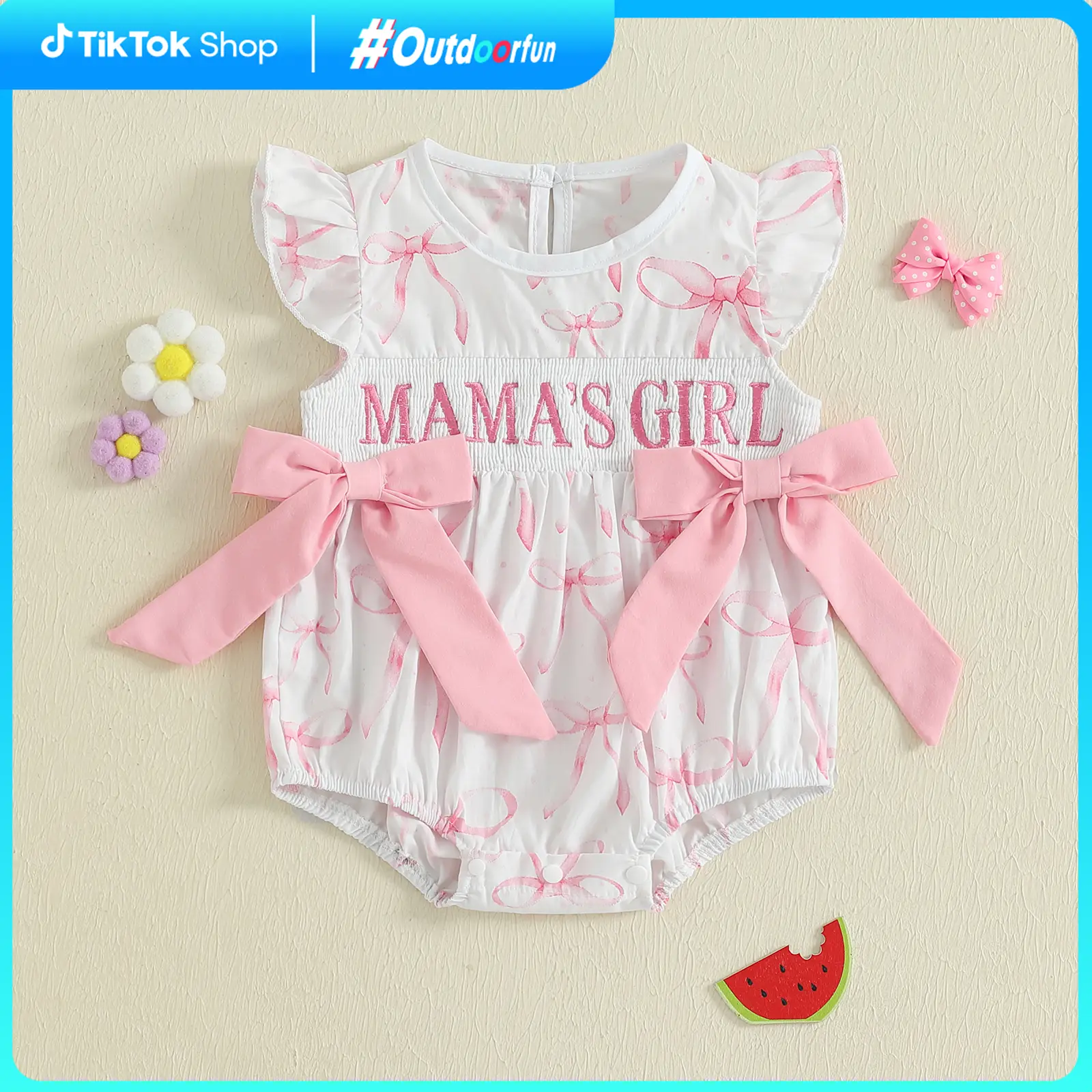 Outdoorfun Baby Girl Summer Romper Bows Letter Embroidery Smocked Flying Sleeve Infant Jumpsuit for Mother's Day& Daily Life