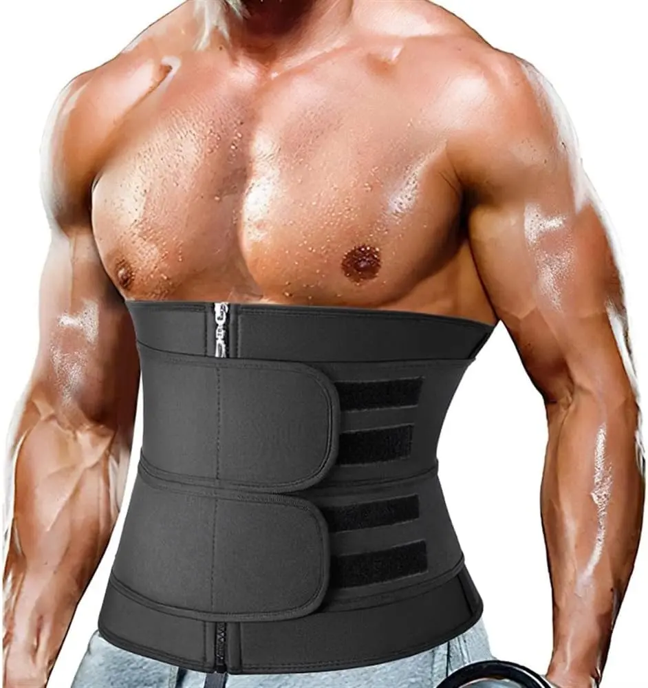 Menswear Sweat Waist Trainer Cincher Gym Tummy Control Workout Girdle Solid Fitness Sports Bands Shapewear Exercise Waistband Adjustable Straps Compression Neoprene Fabric