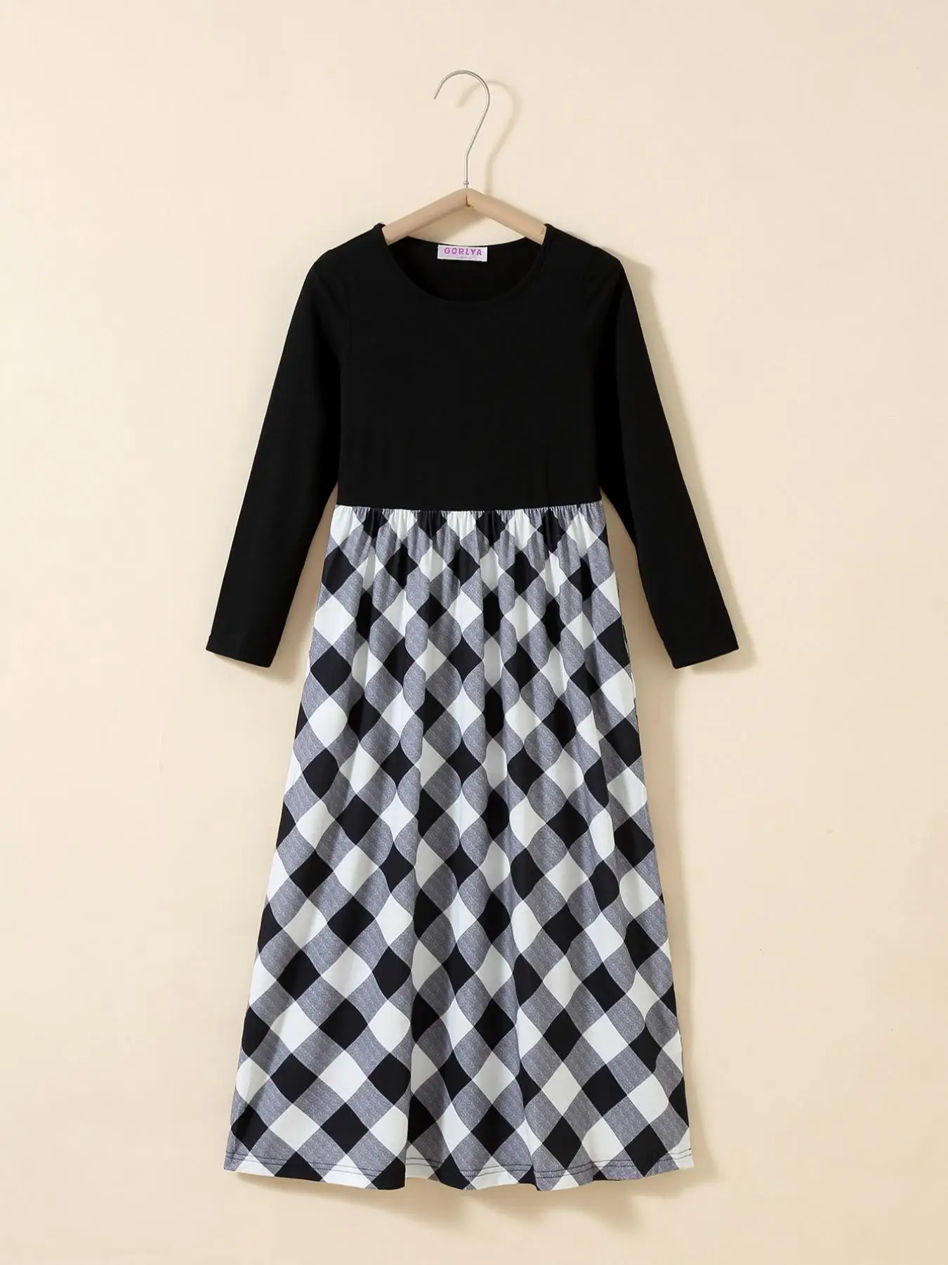 Girl's Plaid Patchwork Print Long Sleeve A Line Dress, Casual Round Neck Dress for Fall & Winter, Kids Clothes for Daily Wear