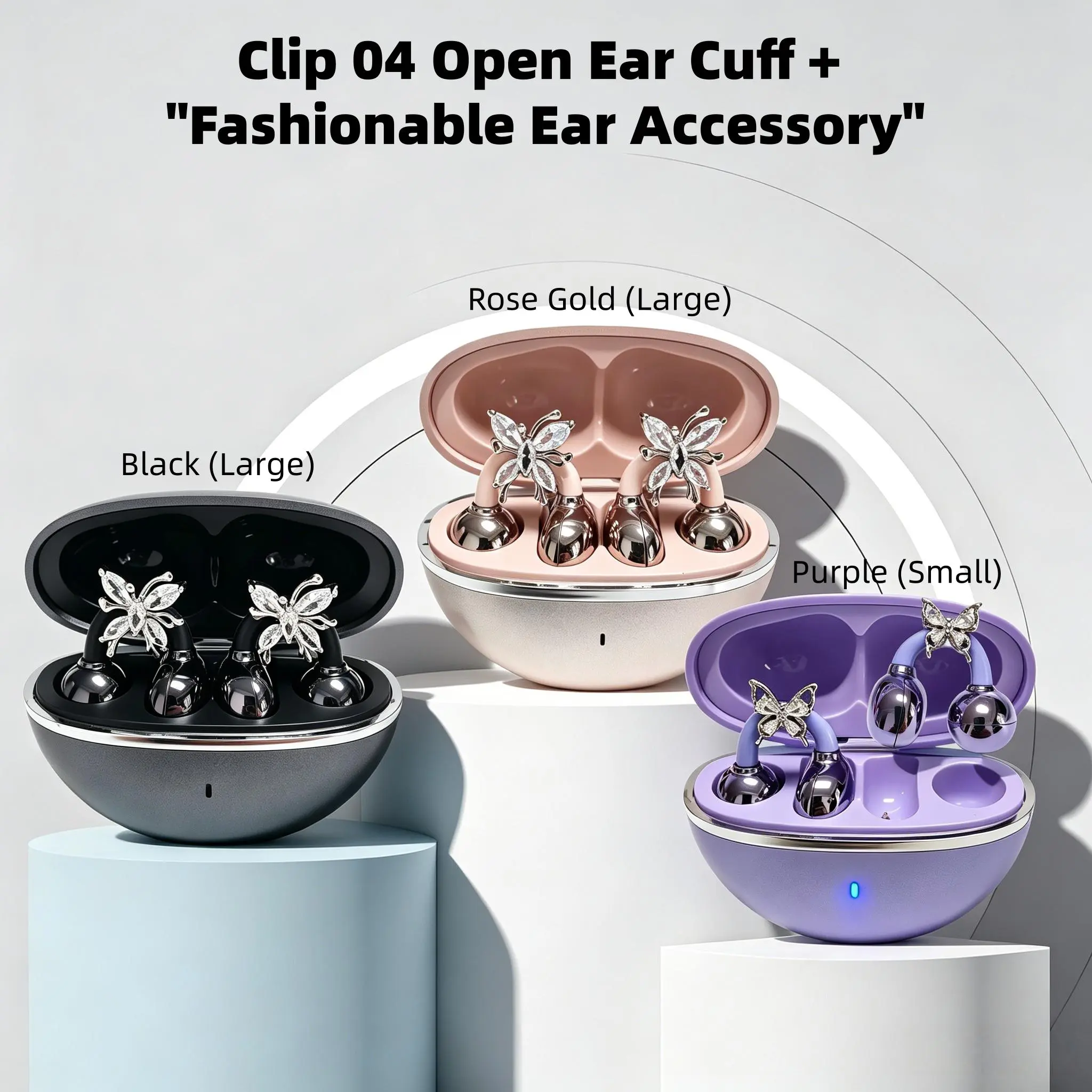 FLUFFDRIP Clip-04 Butterfly Rhinestone Clip-on Bluetooth Headphones - Portable, Dustproof Open-back Non-in-ear On-ear Device, Purple (Large), Smartphone-compatible Audio Accessory with Batteries & Charging Function for Women's Casual & Sports Use