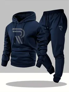 Men's sports two-piece hooded sweatshirt and pants set - gray with black logo, non stretch fabric, regular style, pocket, suitable for autumn and winter, casual wear | hooded sweatshirt | pocket pants, sweater hooded sweatshirt