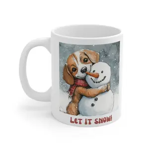 Mug 11oz with Beagle Hugging Snowman, Christmas Coffee Cup, Holiday Gift, Winter Dog Lover Tea Mug, Cute Puppy Cocoa Mug, Festive Seasonal