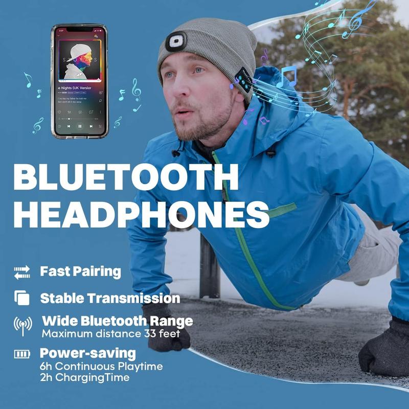Bluetooth Beanie Hat with Light, Headlamp Cap with Headphones and Built-in Speaker Mic, Gifts for Men Women Teen