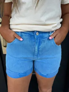 Ocean blue rolled hem denim shorts