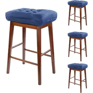 Rectangular Stool Cushion Set of 4, Soft Saddle Stool Cushions with Ties, Nonslip and Washable, Drak Blue, 18 x 10.5 x 4 Inch