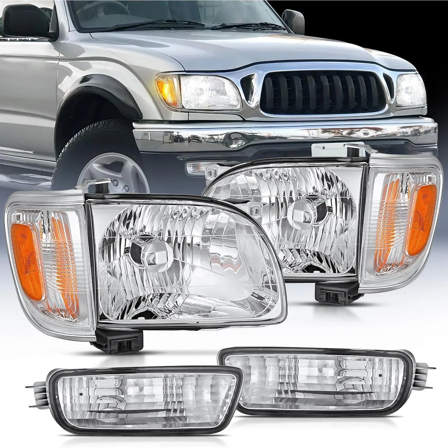 Nilight Car Headlight Assembly for 2001-2004 Toyota Tacoma - Chrome Housing, Amber Reflector, Vented, Brightening, Adjustable, Waterproof, Corrosion Resistant, Dust-Proof, Fogless, Easy Install Driver & Passenger Side Replacement Lamp, Pair Set