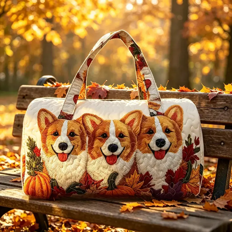 Unisex Quilted Corgi Embroidered Weekender Duffel Bag with Autumn Leaves and Pumpkin Design, Lightweight Comfortable Travel Tote for Daily Use, Gym, Overnight Trips and Holiday Season, Cute Fall Style Pet Lover Gift Bag