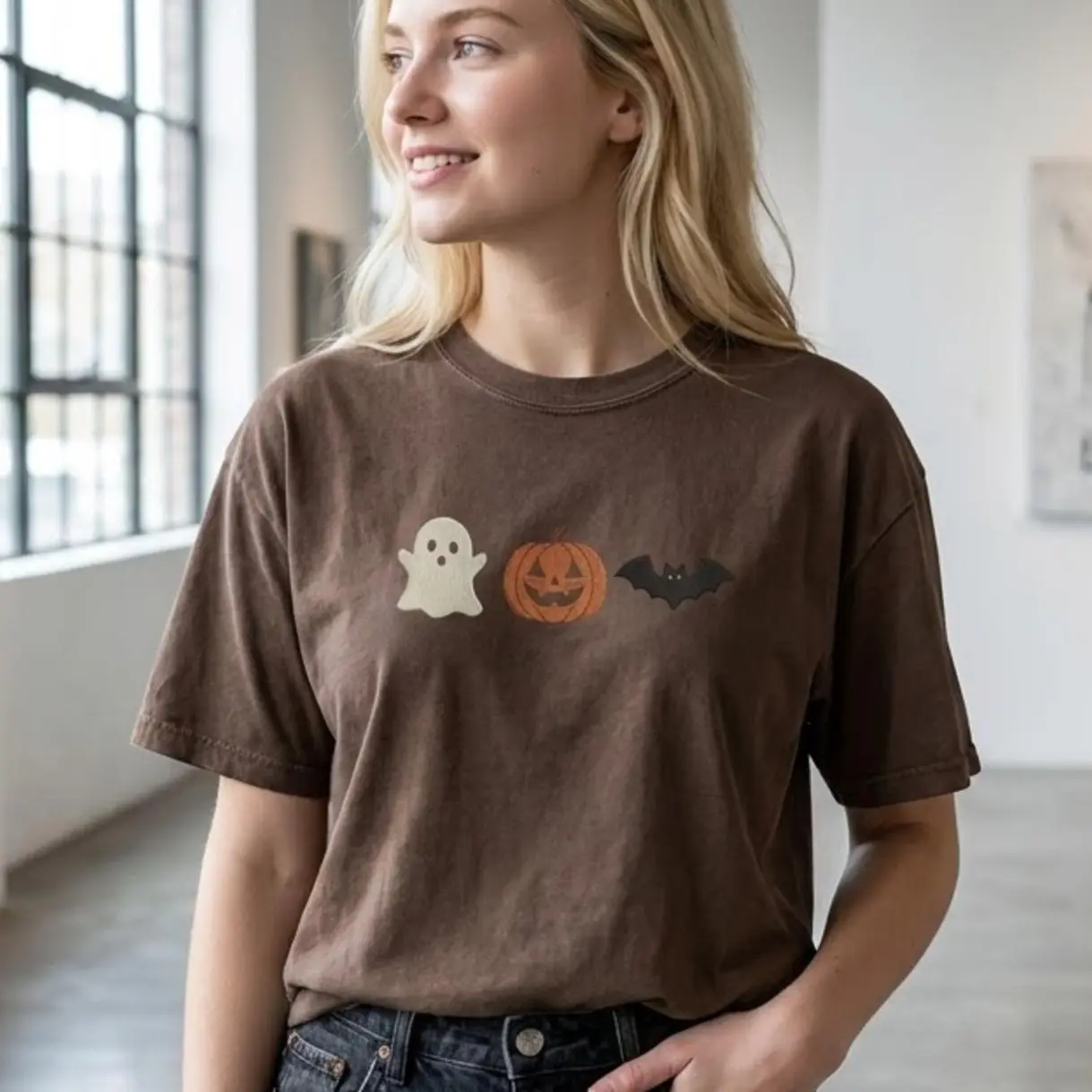Comfort Colors EMBROIDERED Halloween Shirt, Ghost Pumpkin Bat Crewneck Tee, Cute Fall T-Shirt, Spooky Season Shirt, trick or treat Tshirt, Halloween Gift