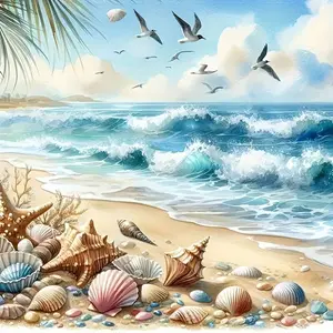 New DIY 5D Diamond Painting Kit, Seashell & Starfish Beach Theme, Full Drill Mosaic Craft, Home Wall Decor Gift
