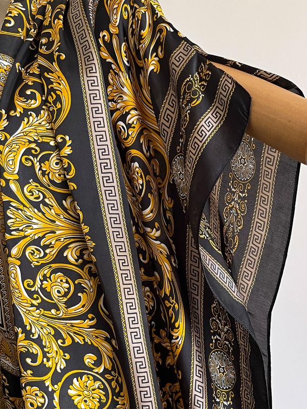 Elegant Geometric Print Satin Muumuu Dress and Shawl Set, Women's Long Beach Cover-Up with Scarf for All Seasons