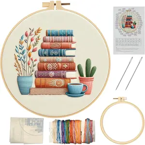 Beginner Embroidery Kit for Adults- Stamped Books and     Set,Needlepoint Starter Kit with Instructions,Color Thread,8'' Embroidery Hoops for  Ofiice Decor