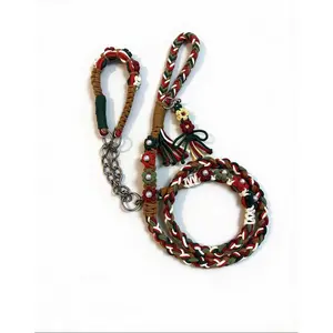 Dog leash Handbraided 100% Cotton Dog Leash Vibrant Braided Design with Floral Accents Heavy-Duty Stylish for All Dog Sizes Perfect for Walks Adventures Fade-Proof Winter-Friendly  Martingale Collar puppy leas Handmade Cowtag dog accessories