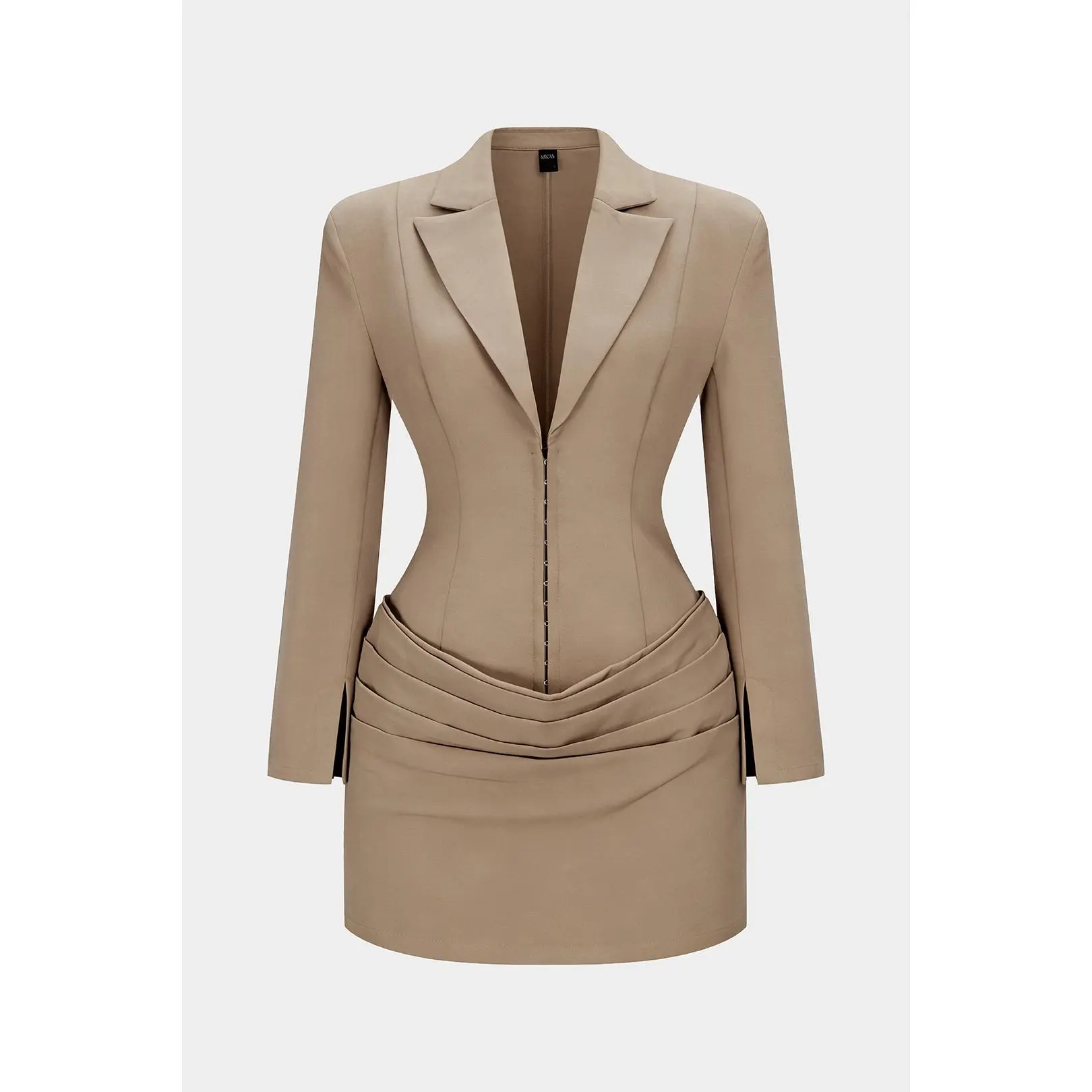Women's Ruched Mini Dress in Twill Cloth, Slim Fit Long Sleeve with a Deep V-Neck, Elegant Office Wear, Elastane, Ruched Detail, Casual, Office/Work, Polyester Blend