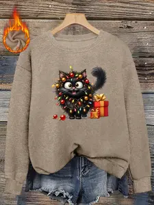 Cute Christmas Faux Fur Round Neck Top, Colorful Cat Print, Soft and Comfortable, Loose Fit, Warm and Slimming, Holiday Casual Style