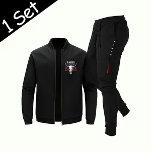Men’s black athletic set featuring a PRAIS skull graphic and American flag print; two-piece set: zip-up jacket and joggers. Casual street style, Paris letter print sportswear.