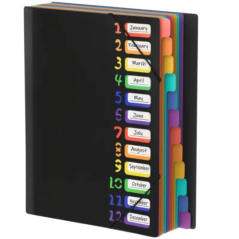 Colorful Label A4 Accordion File Folder with Month Dividers, Durable Plastic Document Organizer with Calendar System for School, Office, and Home