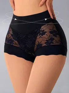 Light Plastic Waist Trainer Panty, Lace Mid-Waist High Elastic Ice Silk Breathable Summer Thin 10a Antibacterial Crotch Pack Butt Underwear for Women Fashion Breathable Underwear