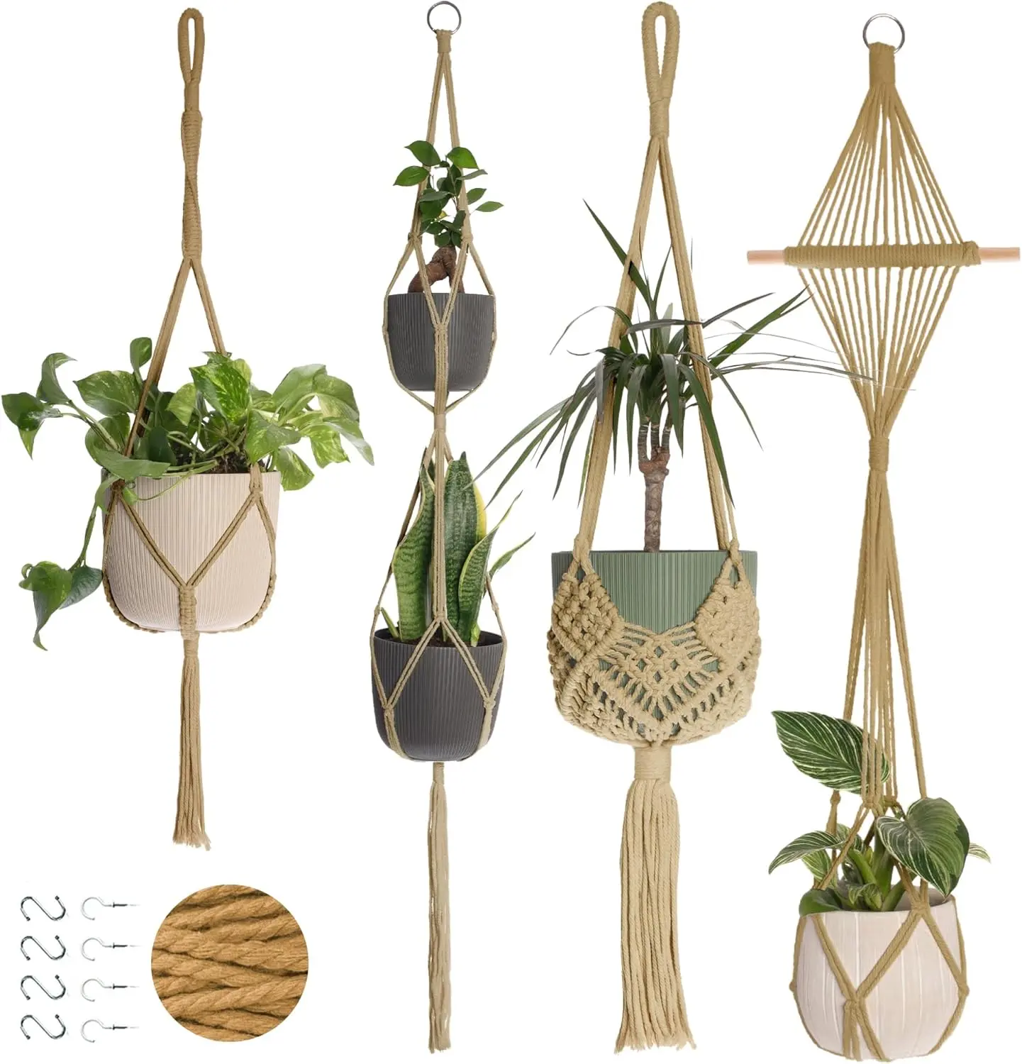 Caramel 4-Pack Macrame Hanging Planters - Boho Hanging Baskets with 8-Inch Holder, 4 Ceiling Hooks (Cream Option Included)