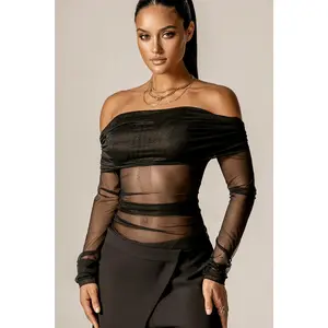Regina Off-Shoulder Mesh Top - Black | Sheer Ruched Long Sleeve Top with V-Back & Stretchy Fit - Date Night, Party, Clubwear & Evening Outfit - Womenswear Fashion