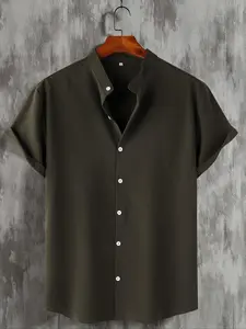 Men's Solid Button Front Shirt, Plain Casual Regular Fit Drop Shoulder Mock Neck Short Sleeve Top for Summer, Fashion Men's Clothes for Daily Wear, Menswear