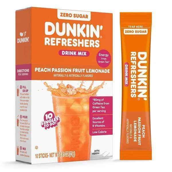 Dunkin Zero Sugar Refreshers Singles To Go! Powdered drink mix packets, Peach Passionfruit Lemonade,10 packets per box Energy from Green Tea, aspartame-free, no synthetic colors, naturally and artificially flavored, just add water
