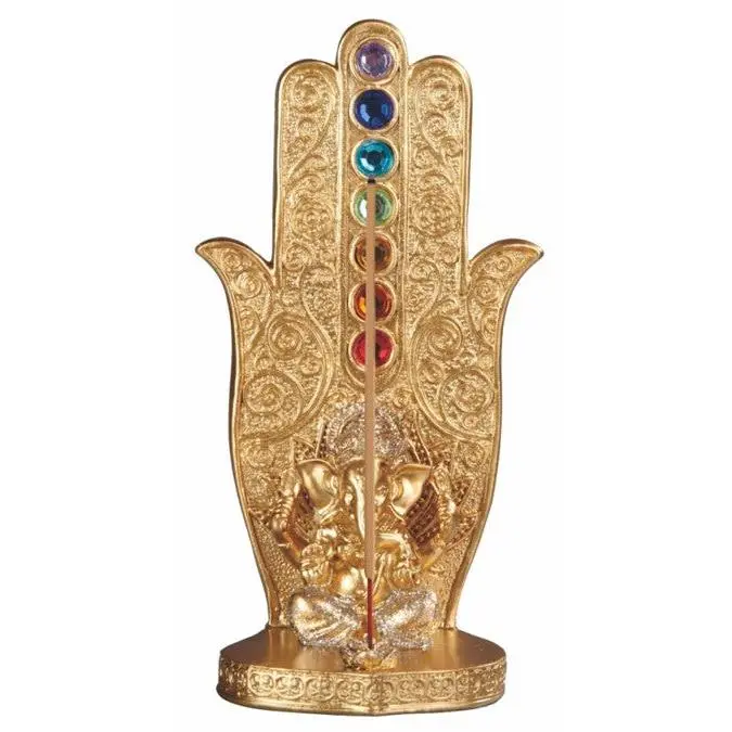 Hand-Held Incense Holder with Rainbow Chakra Stones, Golden Hamsa Palm & Elephant God Ganesha Statue for Home Decor