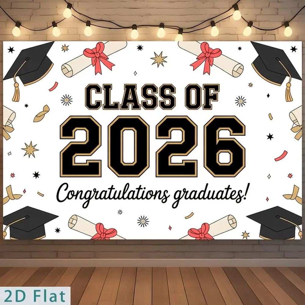 2D Flat Polyester Photography Backdrop Banner - HD Print, 2026 Graduation Decor, Congratulations Graduates Theme, Soft Lightweight Foldable Cloth for High School Party Event Photo Booth