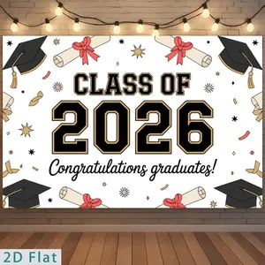 2D Flat Banner Polyester Photography Backdrop, HD Digitally Printed Graduation Class of 2026 Congratulations Graduates! Theme Soft Lightweight Foldable Background Cloth for High School College Graduation Party Event Decor Photo Bo
