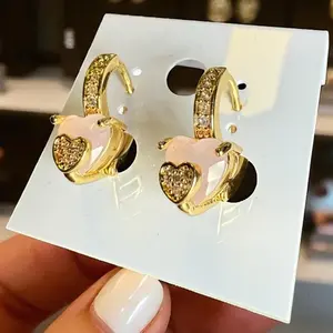 Heart Shape Hoop Earrings 14k Gold Plated with Sparkling CZ Accents for Women's Fashion Jewelry