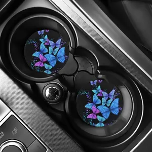 Butterfly Pattern Car Coaster, Round Anti-slip Car Cup Holder Coaster, Absorbent Car Cup Holder Pad, Car Interior Decoration Accessories for Women & Men, Cute Car Accessories