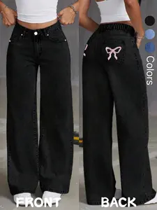Women's Loose Jeans with Eye-catching Bow Embroidery on Back Pockets. Ultra-comfortable and Casual, Great for Daily Wear. A Versatile Bottom Essential for Fashionable Women All Year Round, Nailing Any Casual Event!, Baggy Pants