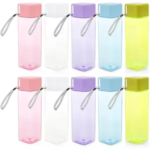 10 Pcs Water Bottles Bulk, 15 oz Portable Sports Water Bottle with Lanyard, Leak Proof Reusable Square Plastic Drinking Bottles for Outdoor, Gym, Camping, Fitness, Travel, Office