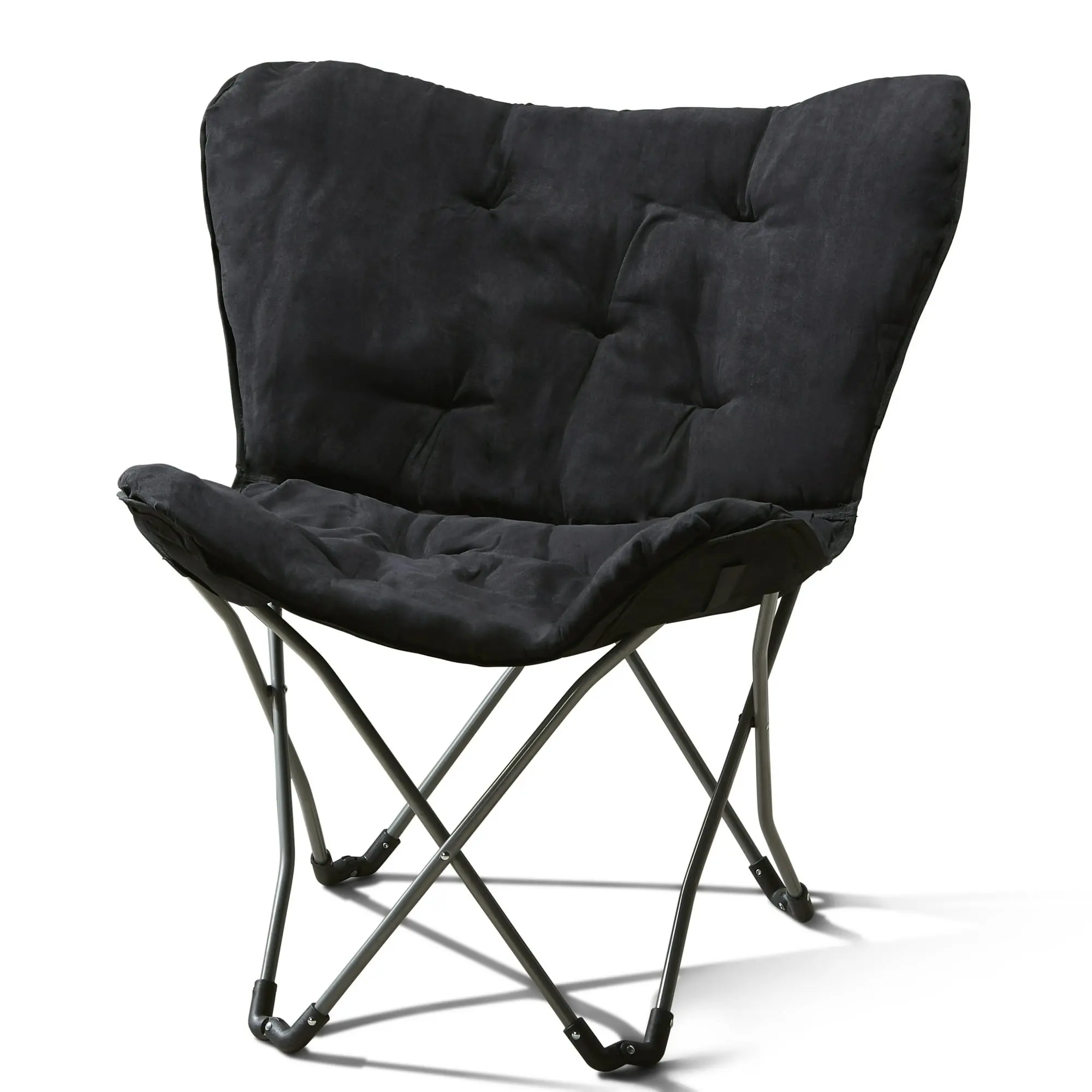 Mainstays Micro-Suede Fabric Butterfly Folding Chair Black Portable Cozy Lounge Accent Chair with Sturdy Metal Frame for Bedroom Dorm Room Living Room and Small Spaces