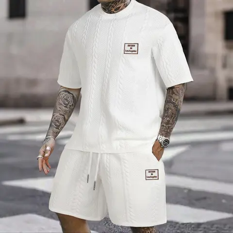 Men's 2-Piece Summer Casual Chic Clothing Set - Round Neck Short-Sleeve Top, Braided Texture Striped Raised Details, Boyfriend Style Fit, Drawstring Shorts, Polyester, Holiday Gift, OOTD Inspiration, Menswear Outfit