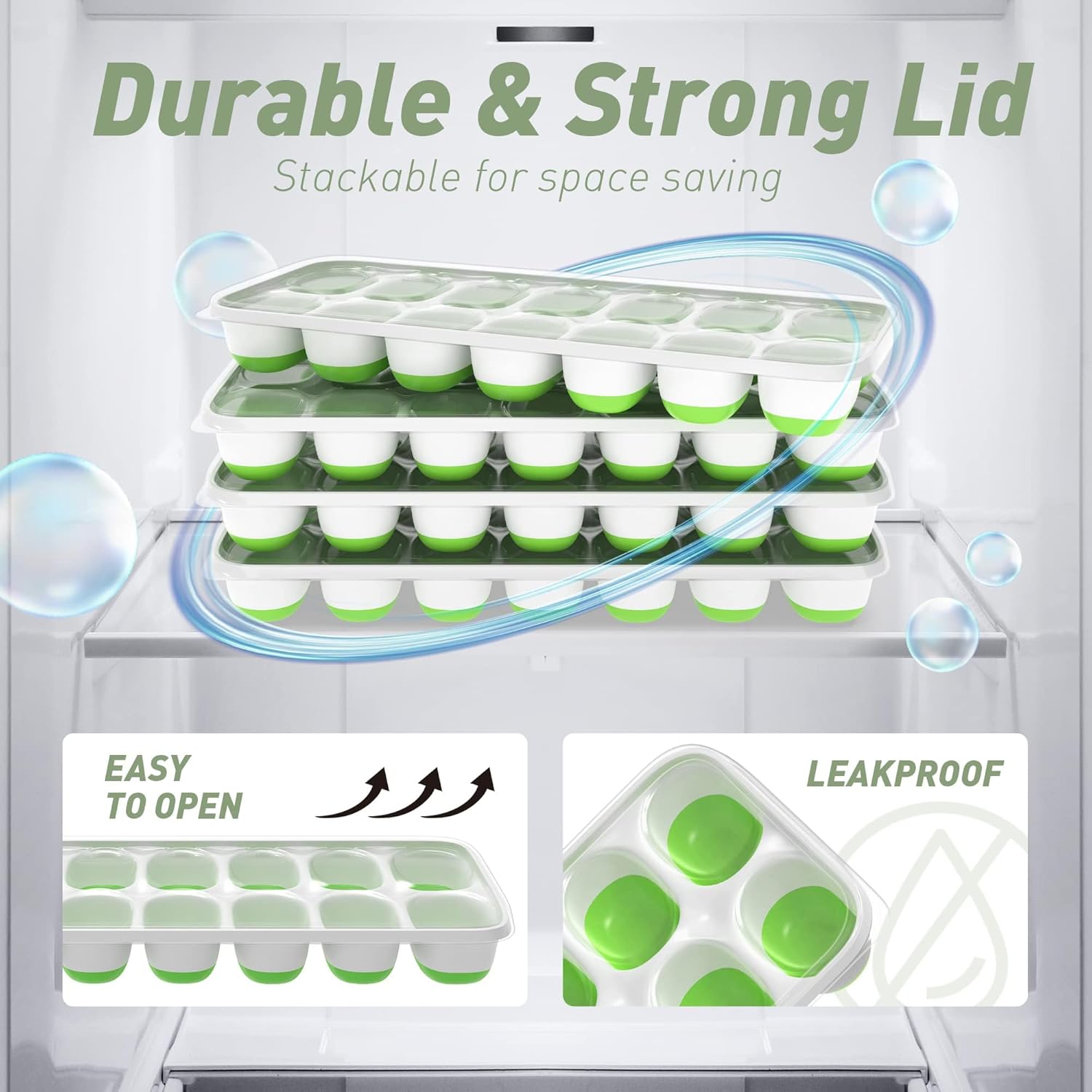 Ice Cube Tray with Lid, 4 Packs 56 Cubes Durable Stackable Ice Cube Trays for Freezer with Removable Lids, Easy-Release Plastic & Silicone Ice Tray for Cocktail, Coffee，blue and green