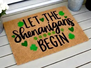 Let The Shenanigans Begin Shamrock Doormat, St. Patrick's Day Housewarming Gift Door Mat, Closing Gift, St Patricks Day Decor, Welcome MAt