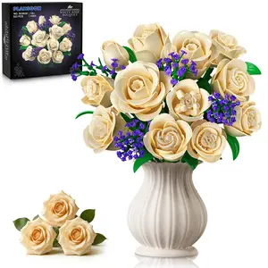 PLAXSOON Flowers Bouquet Building Set with Lights,16 Champagne White Roses Botanical Collection Building Blocks for Adults Girl,523PCS Artificial Flower Valentines Day Birthday Gift for Her Home Decor