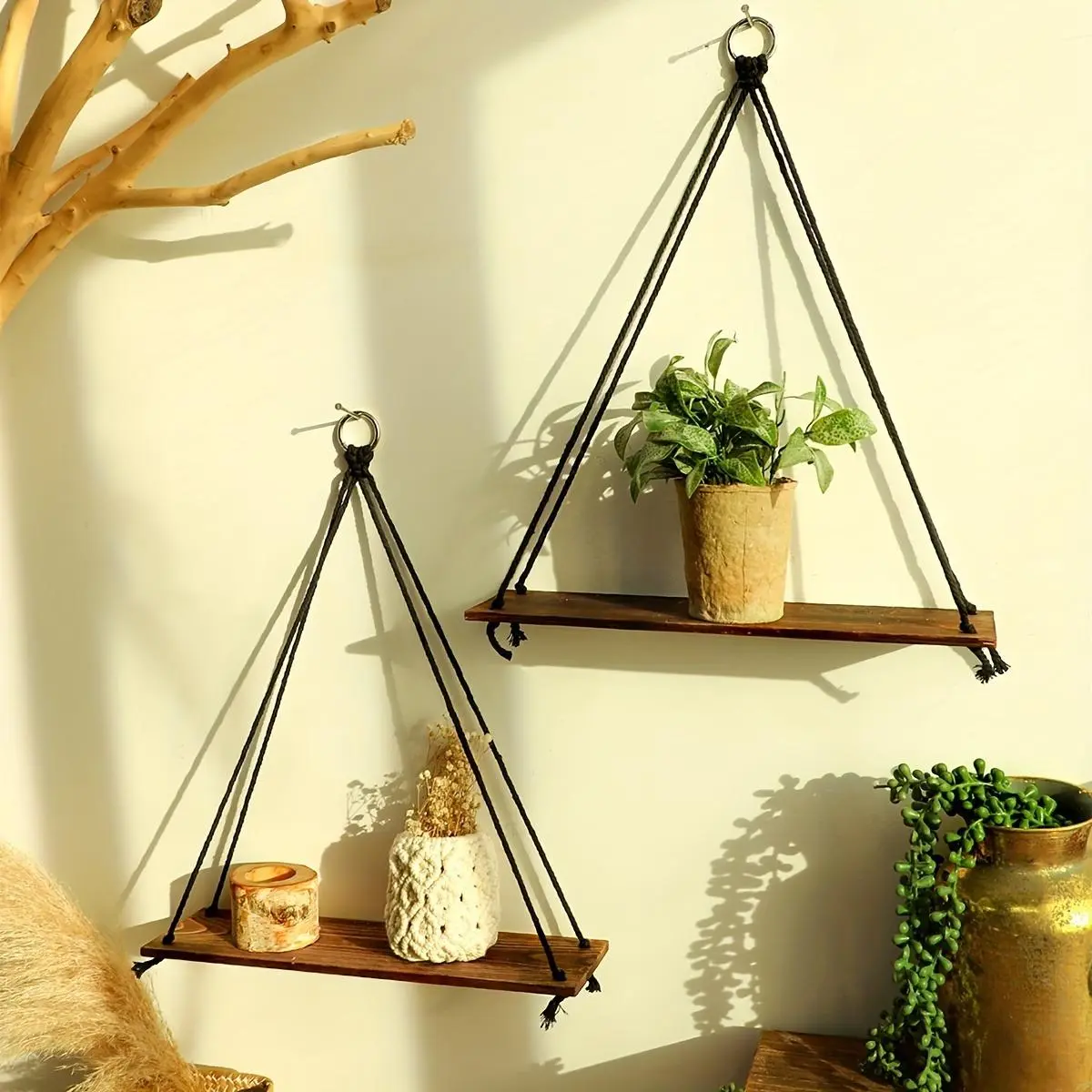 Bohemian Floating Shelves Set, Handwoven Paper Towel Holder, Single Layer Wood Board Storage Rack, Wall Mount Decor for Living Room Bedroom Office, Wooden Wall Shelf, Wall Mounted Shelf