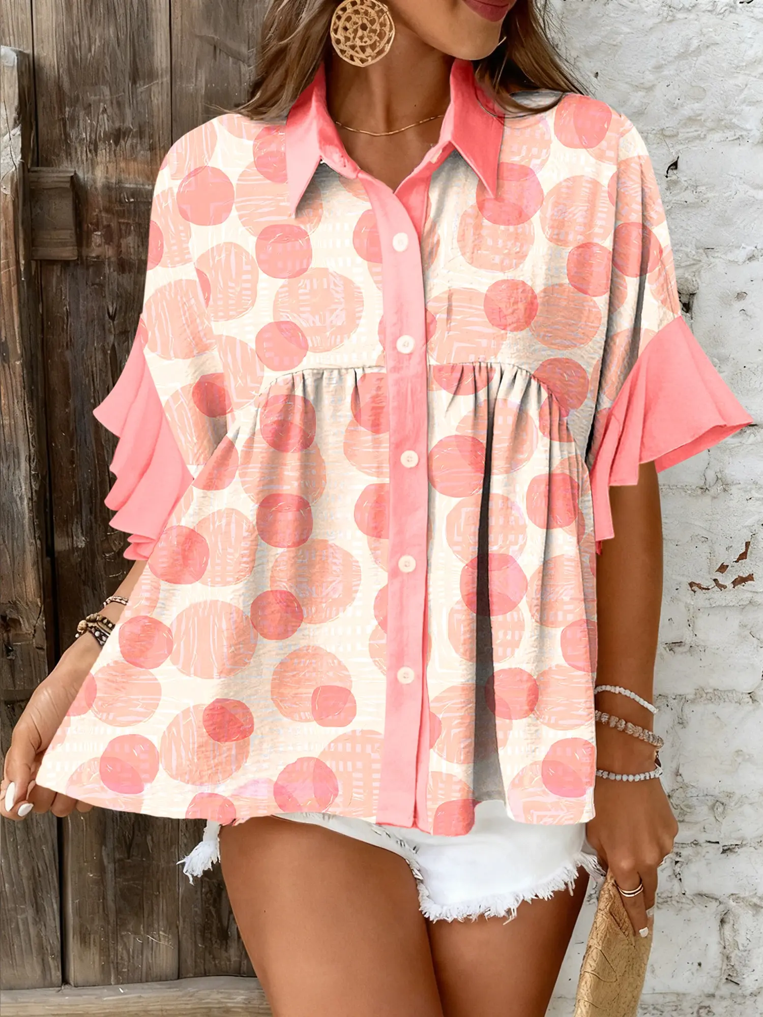 Women's Cute Polka Dot Baby Doll Top, Casual Bohemian Collared Blouse with Ruffle Trim Short Sleeves, Casual Soft Shirt