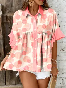 Women's Pink Double Polka Dot Printed Ruffle Trim Short Sleeve Babydoll Shirt, Casual Everyday Flowy Button Down Blouses for Women, Cute Preppy Peplum Tops, Chic Boho Summer Beach Shirts, Romantic Aesthetic Apparel
