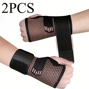 [2-Pack Copper Wrist Braces] 2-Pack Copper Fiber Wrist Brace Gloves - Adjustable Compression Straps, Breathable Mesh Design, Secure Fit for Hand & Wrist Support During Physical Activities, Ideal for Men & Women