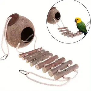 Natural Coconut Shell Bird Nest with Climbing Ladder, Cozy Hanging Parrot Wooden House for Small Pets, Durable Bird Shelter Accessory, Roosting Perch