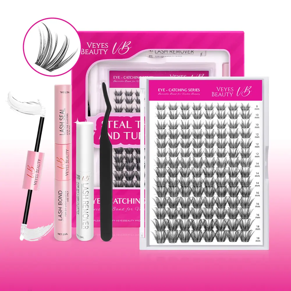 VEYESBEAUTY VB-Plume Cluster Lashes Ultra-thin Extremely Fine Invisible Band False Eyelash Wispy Faux Mink Lash Mixed Length DIY Eyelash Extension for Self Makeup Cosmetic Application at Home