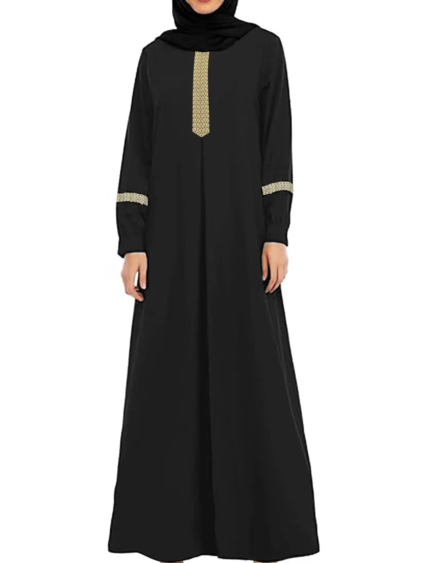 Arabic Clothing-Ethnic Pattern Tape Long Dress without Hijabs, Modest Long Sleeve Round Neck Long Dress, Women's Islamic Clothing for Spring Fall